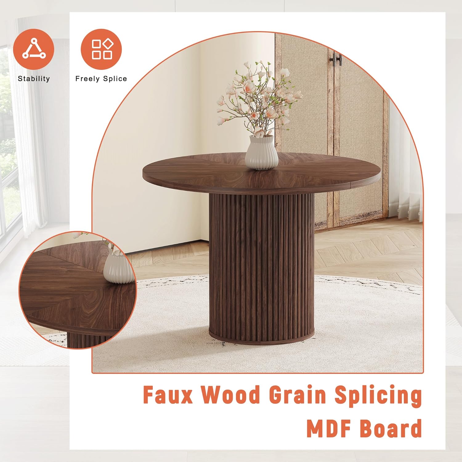 42'' Round Dining Table with Storage, Modern Round Dinner Table with Wood Tabletop and Cylindrical Base, Space Saving Circle Kitchen Table for Kitchen Dining Room