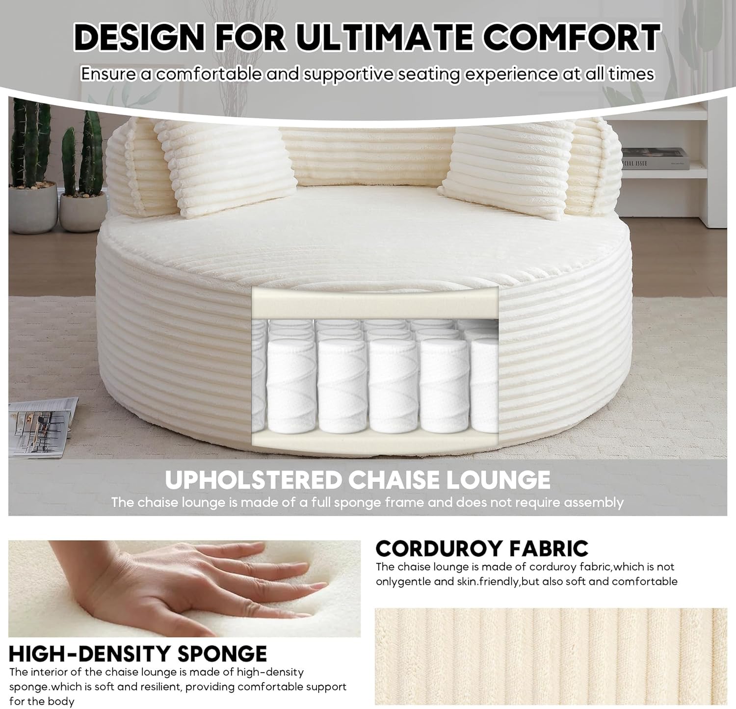 Oversized Round Chair Lounge Chaise Indoor, 53.5" Corduroy Boneless Round Chair, Fluffy Single Deep Seat Cloud Sofa Chairs, Modern Circle Chaise Lounge for Bedroom, Living Room, Beige White