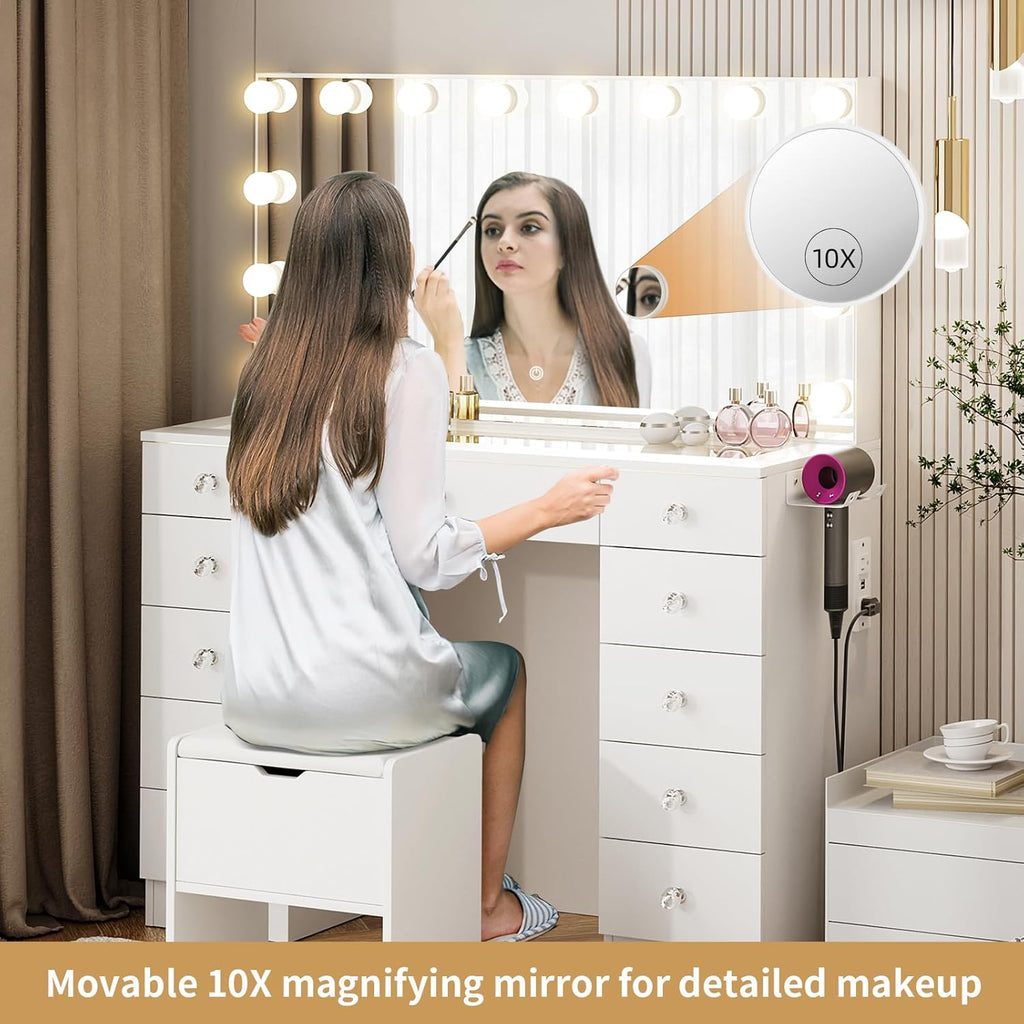 VOWNER Vanity with Lighted Mirror - Glass Top Makeup Vanity Desk with Lights and 11 Drawers, 3 Color Lighting Modes Adjustable Brightness, 46" Makeup Desk with Soft Cushioned Stool for Bedroom, White