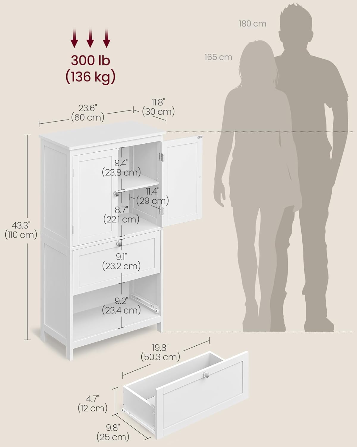 VASAGLE Bathroom Floor Storage Cabinet, Bathroom Storage Unit, Freestanding Cabinet with 2 Drawers and 2 Doors, Adjustable Shelf, 11.8 x 23.6 x 43.3 Inches, White UBBC551WH01S
