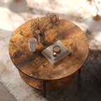 FABATO Round Lift Top Coffee Table with Storage and Hidden Compartment, 26.77'' Farmhouse Coffee Table for Living Room Reception Room, 2 Tier Small Round Coffee Table Circle Dining Table, Rustic Brown
