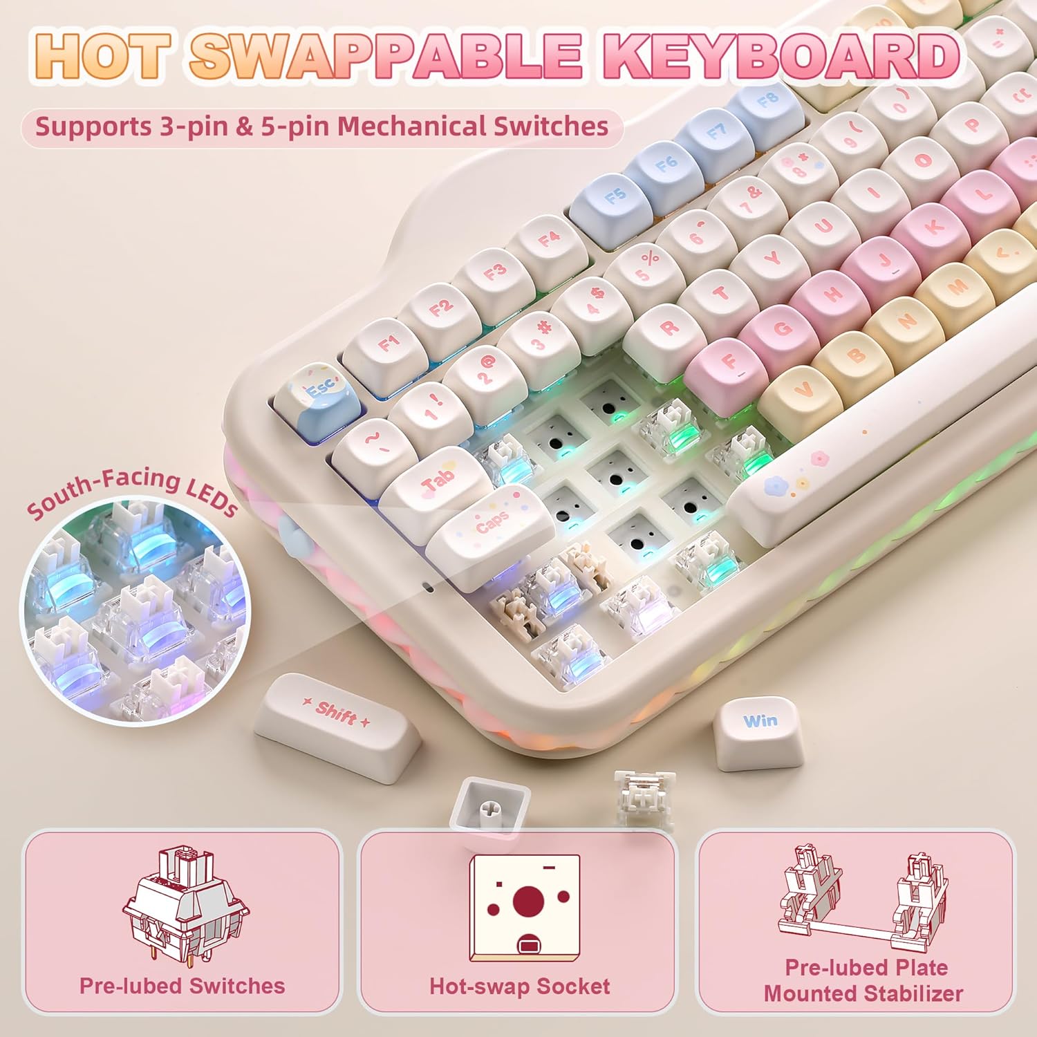 YUNZII C98 Wireless Mechanical Keyboard with Number Pad,99 Key BT5.0/2.4G/USB-C Hot Swap Gasket Mount with PBT MOA Keycaps,Custom RGB,Cute Cake Keyboard for Win/Mac (Beige, Milk V2 Linear Switch)
