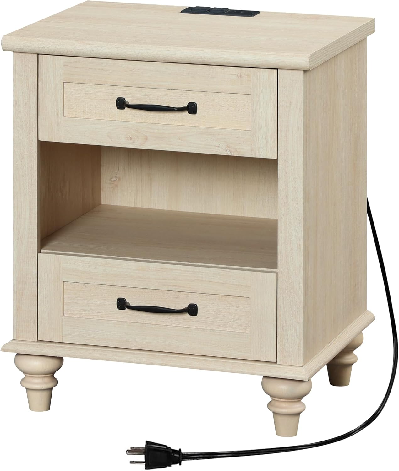 WAMPAT Mid Century End Table Nightstand with Charging Station, Small Side Table with 2 Drawers & Storage Shelf for Living Room, Light Wood Night Stand Bedside Table for Bedroom, Beige