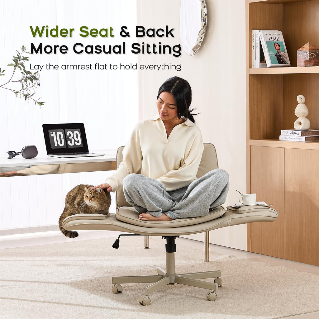 amseatec Criss Cross Chair with Armrests & Wheels, PU Leather Vanity Chair, Comfortable Adjustable Swivel Computer Office Desk Chairs for Home, Make Up, Bed Room (Cream)