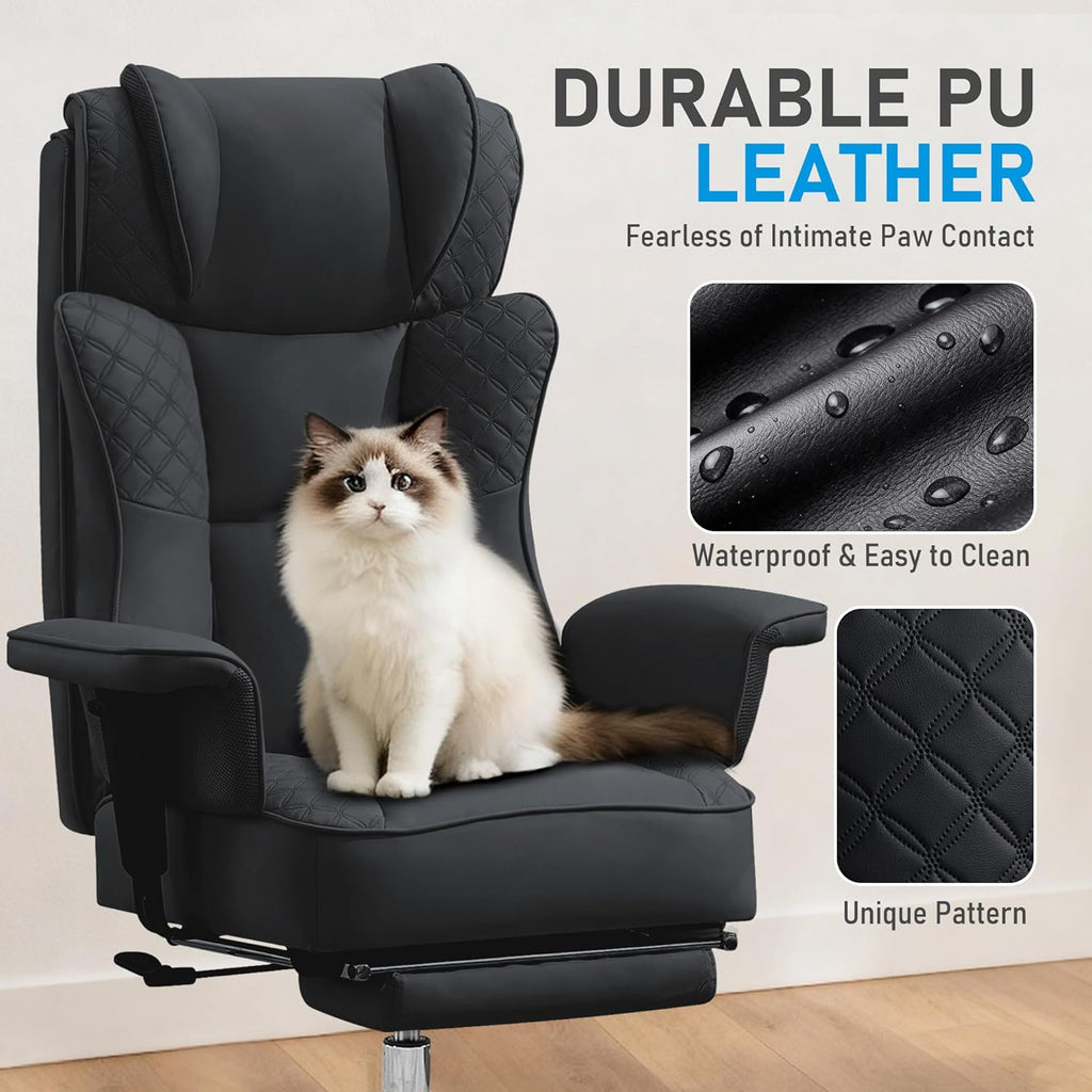 Big and Tall Office Chair, Ergonomic Leather Reclining Chair with Footrest, High-Back Comfy Executive Computer Desk Chairs with Lumbar Support, Wide Seat, 400LBS (Black)