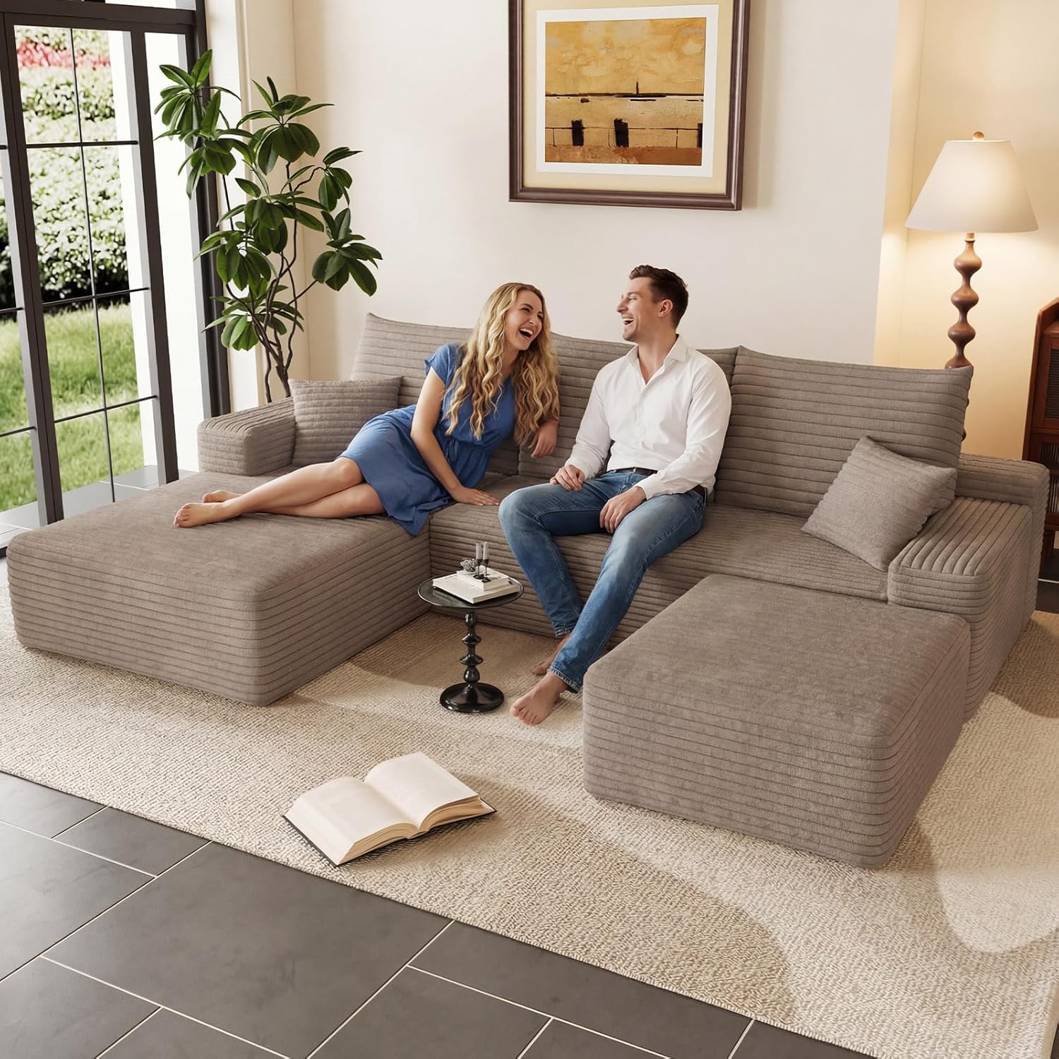 95" Cloud Sectional Couch with Ottoman,Modern U-Shaped Cloud Couch with Deep Seat,Comfy Corduroy 3-Seater Sofa,Memory Foam Sofa for Living Room,No Assembly (Camel,Left-Facing Chaise)