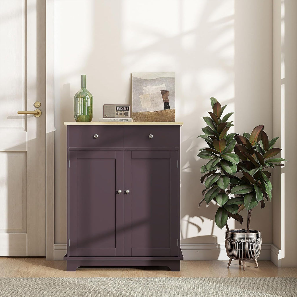 HOMCOM Sideboard Buffet Cabinet with Solid Wood Countertop, Modern Kitchen Storage Cabinet, Coffee Bar Cabinet with 2 Drawers, Doors and Adjustable Shelf, Coffee