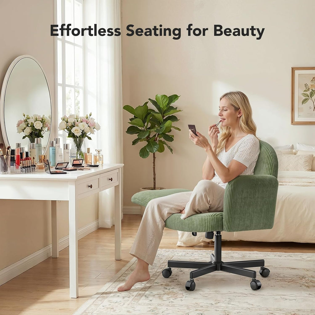 HUANUO Vanity Chair with 6-Position Adjustable Armrests, Criss Cross Chair with Wide Cushion, Soft Corduroy Fabric, 90°-105° Recline, Pet-Friendly, Perfect for Makeup Bedroom, Home Office, Light Green