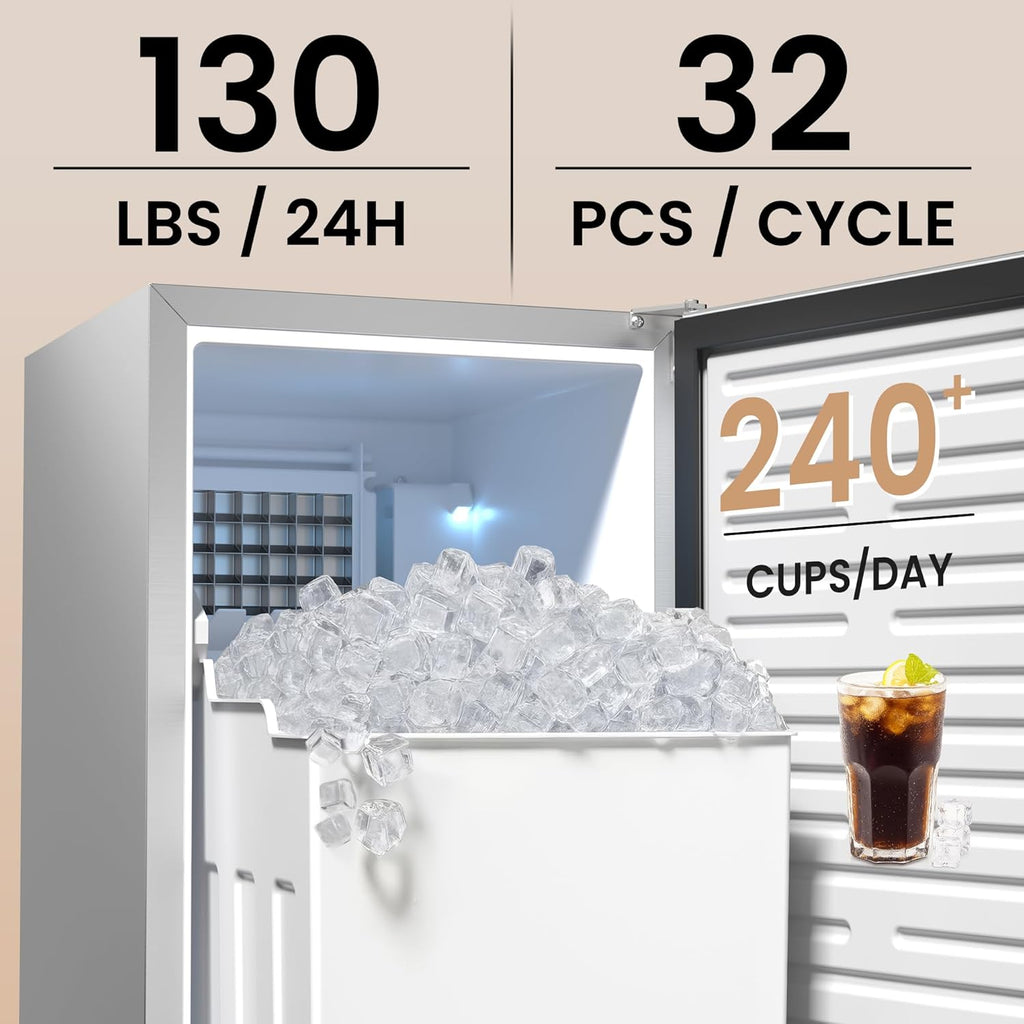 15” Under Counter Ice Maker Machine, 130 Lbs/Day with 30 LBS Storage Bin, Built-in Freestanding Stainless Steel Ice Maker with Auto-Cleaning, Smart LCD Panel, for Commercial & Home Outdoor Use