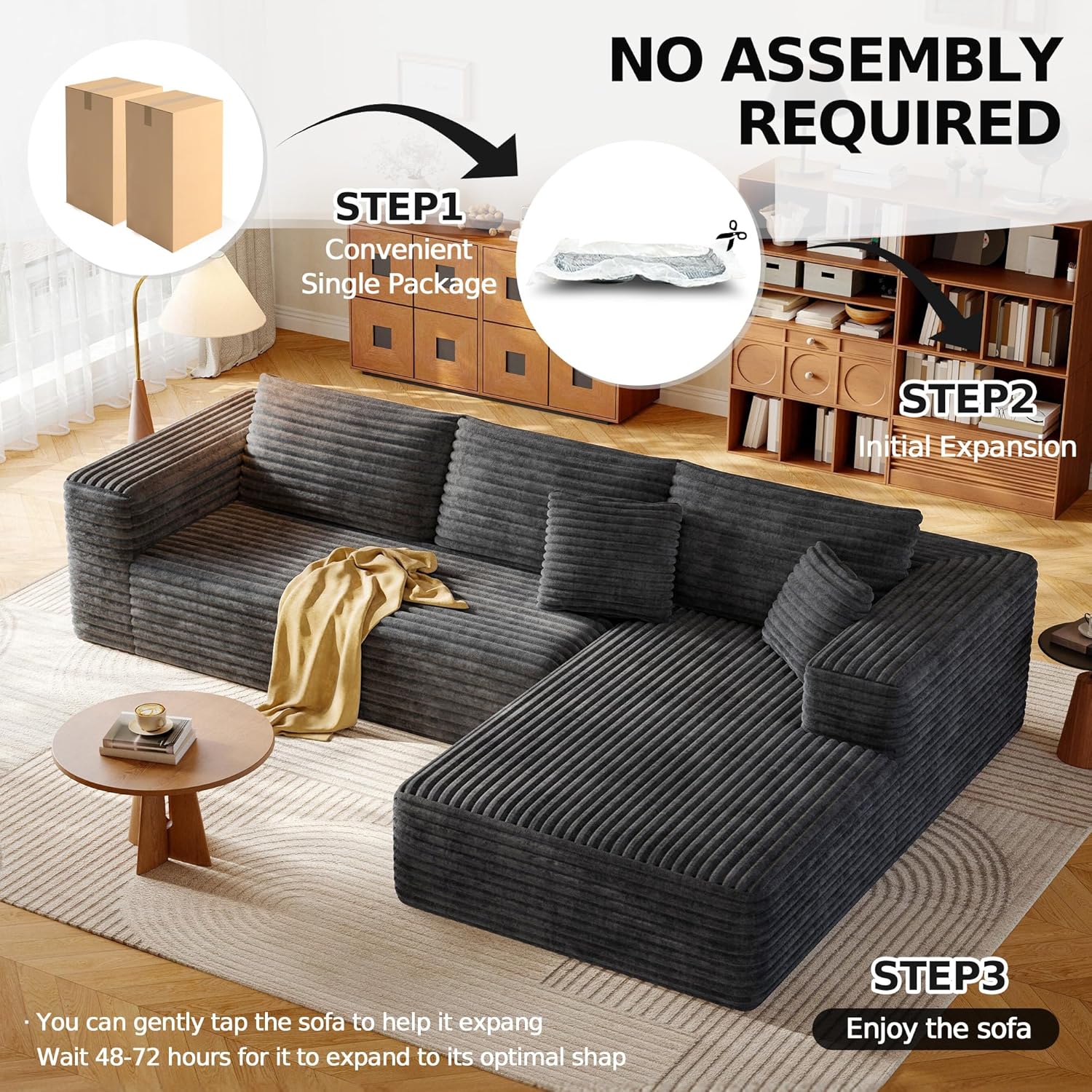108.2" Modular Sectional Sofa with Deep Seat, Boneless L Shaped Corduroy Couch Modern Comfort, Cloud Couch Oversized for Living Room No Assembly (Right Facing Chaise,Gray)