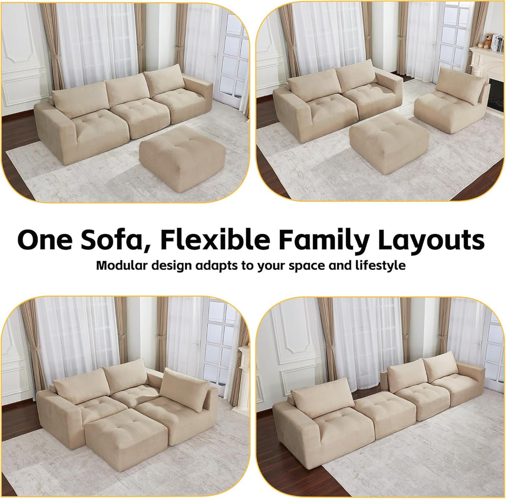 MCombo 121" Modular Sofa Couch, No Assembly Required, L Shaped Compressed Sectional Sofa with Ottoman, Deep Seat Upholstered Boneless Couch for Living Room, SS378 (Light Brown)