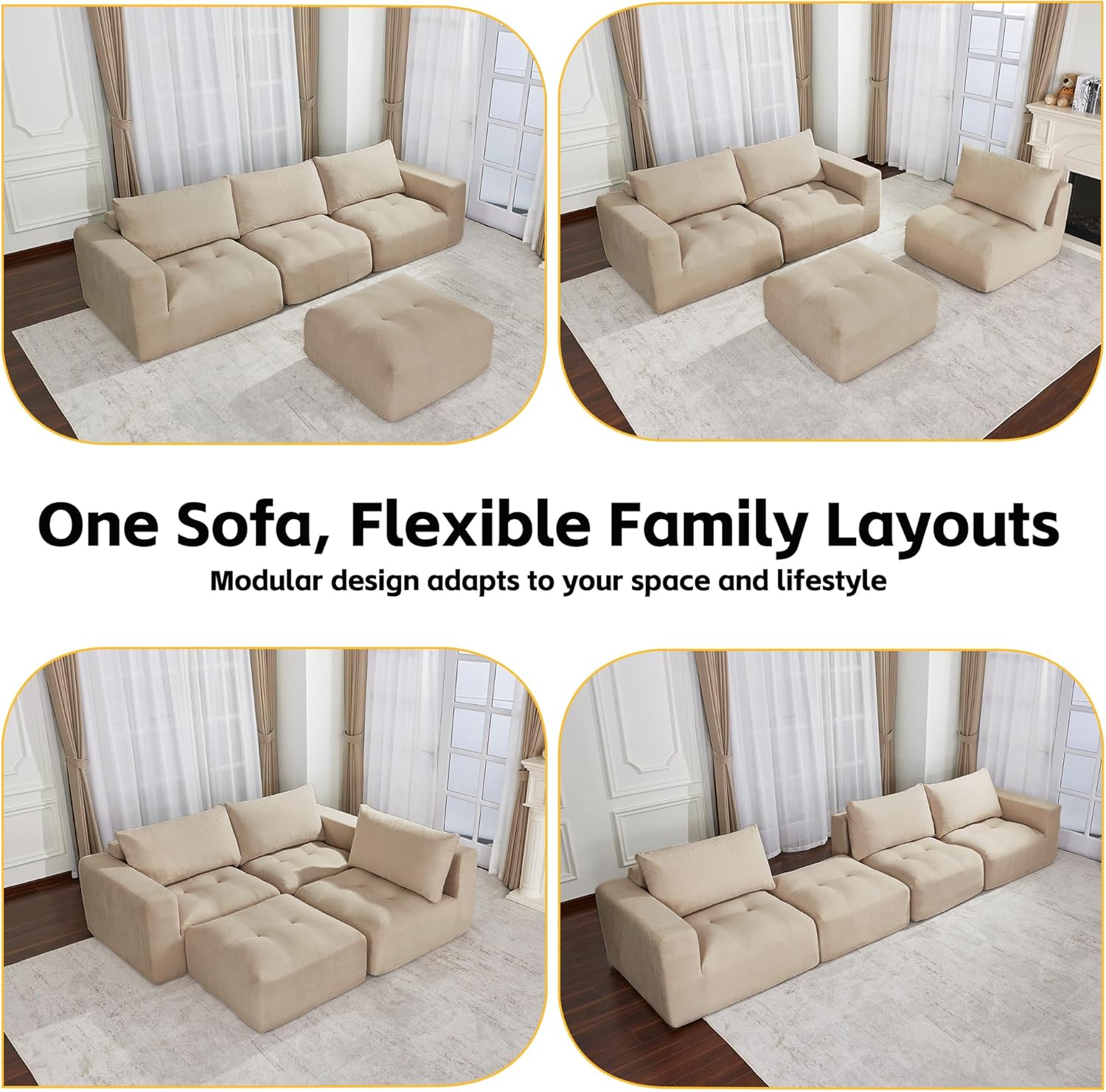 MCombo 121" Modular Sofa Couch, No Assembly Required, L Shaped Compressed Sectional Sofa with Ottoman, Deep Seat Upholstered Boneless Couch for Living Room, SS378 (Light Brown)