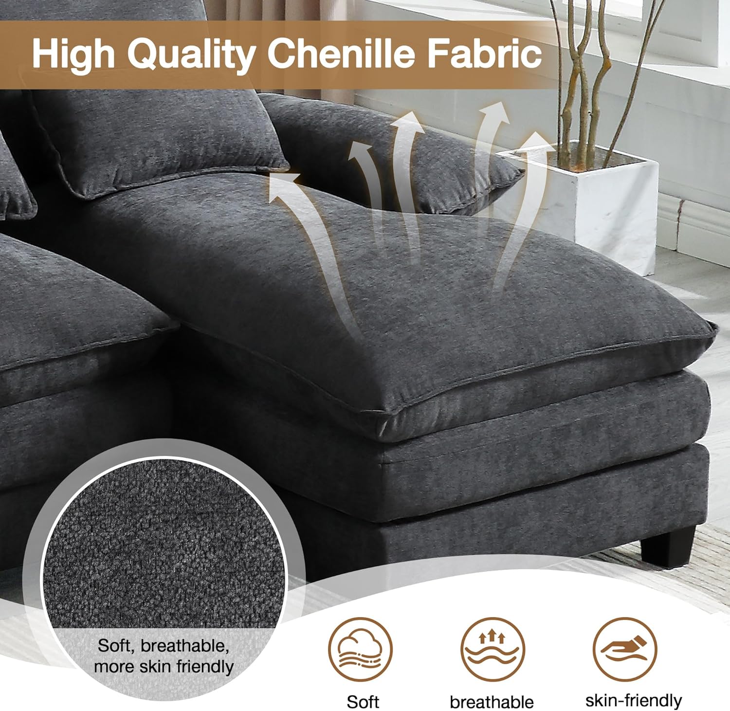 110.2" Modular U Shaped Cloud Couch, Modern 4-Seat Chenille Upholstery Sectional Sofa with Double Chaise & Double Layer Cushions, Deep Seat Comfy Couch for Living Room, Bedroom, Apartment,Grey