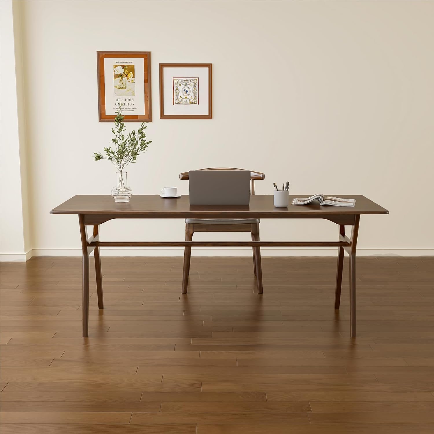 Solid Wood Study Desk - 63" Double Long Computer Table for Home Office, 2-Person PC Workstation, Walnut