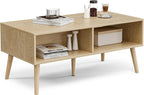 ZttRiee Coffee Table with Storage, Boho Dining Table with Rattan Drawer and Solid Wood Legs, Small Coffee Tables for Living Room, Oak