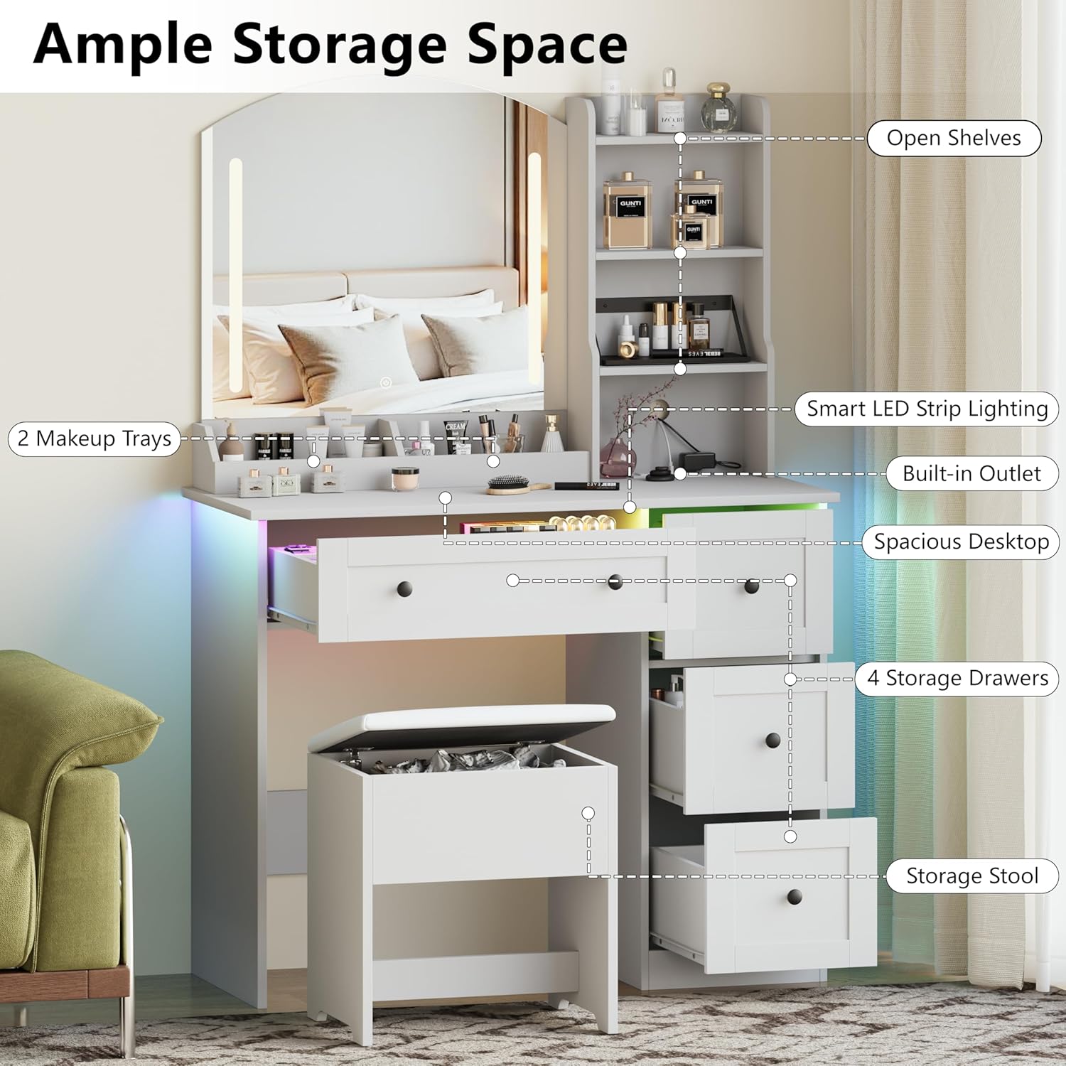 Vanity Desk with Mirror and Lights & Power Outlet, Makeup Vanity Set with Chair & RGB Ambient Light, Girls Vanity Dressing Table with 3 Lighting Modes & Adjustable Brightness for Bedroom, White