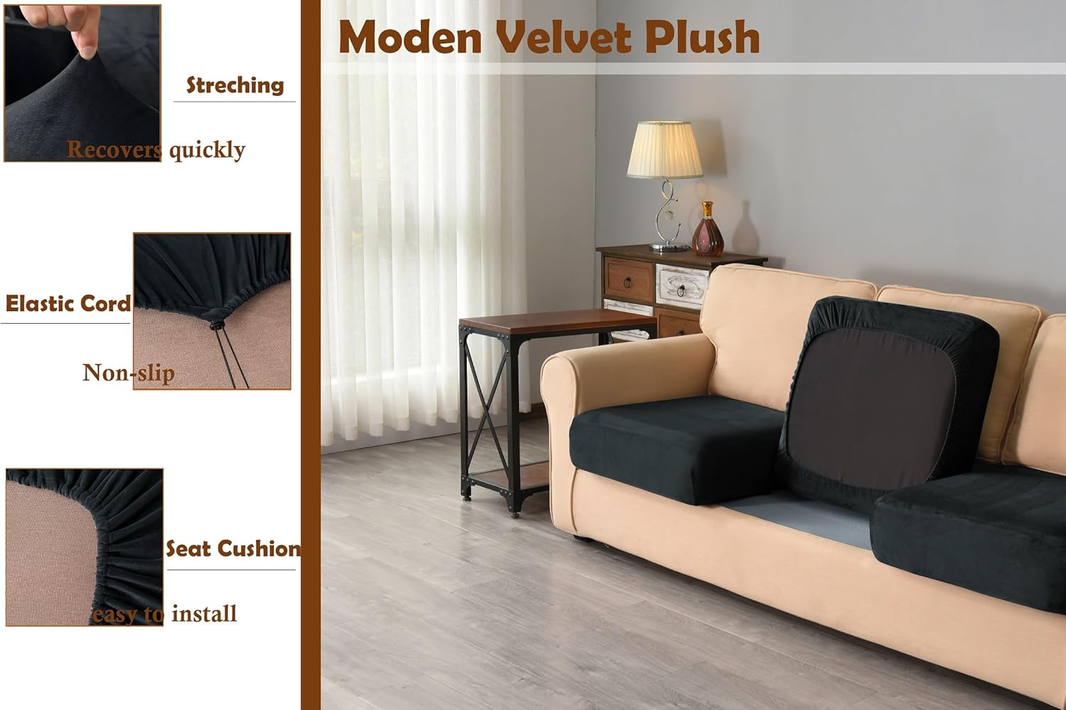 3 Pieces Velvet High Stretch Sofa Covers for 1 Cushion Couch Sofa Slipcovers, Washable Furniture Protector with Drawstring Anti Slip Bottom, Soft and Plush Fabric for Kids and Pet (Black)