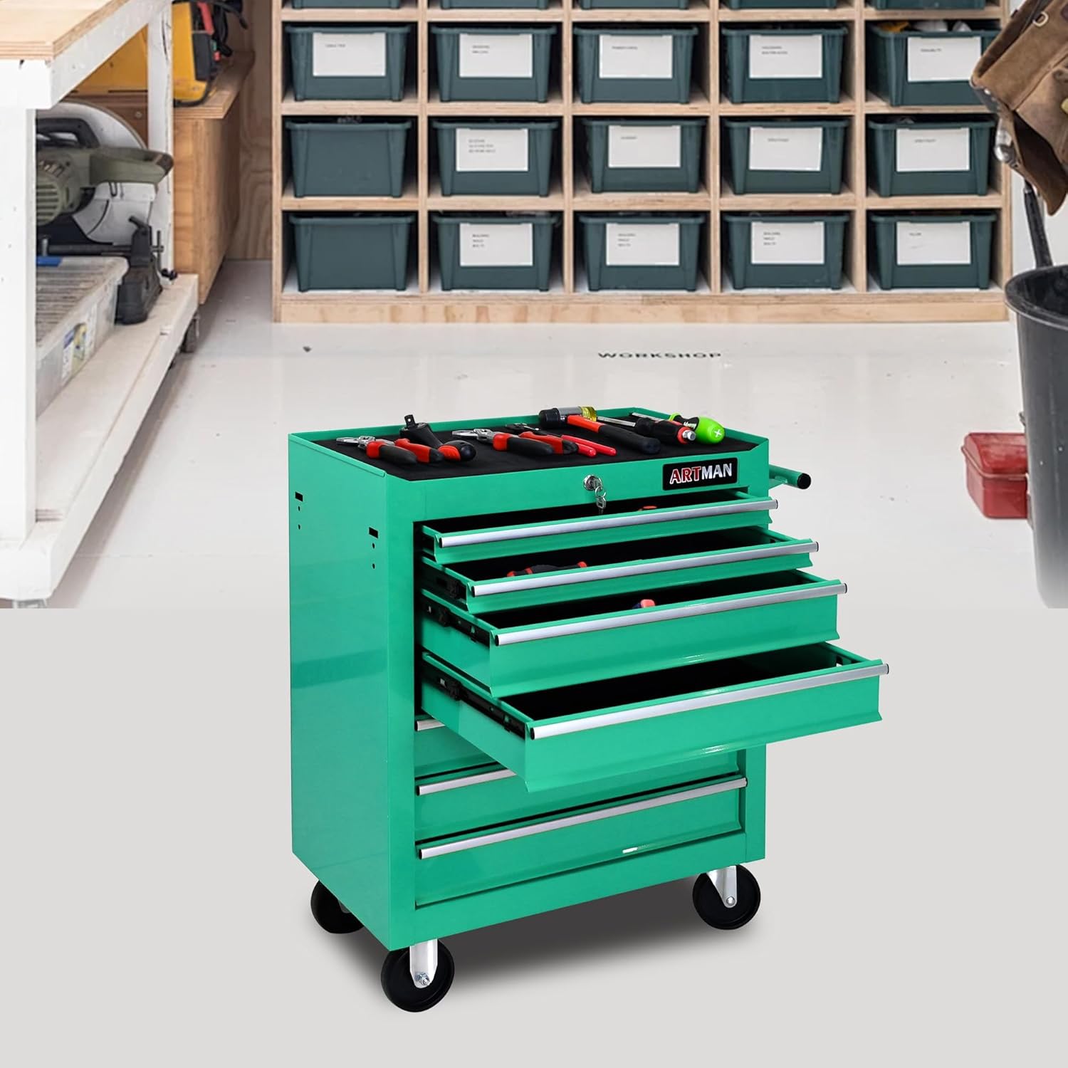 7 Drawers Rolling Tool Cart on Wheels, Multifunctional Organizer Tool Chest Tool Case, Trolley Tool Storage Tool Box for Workshop,Garage,Repair Shop (7 Drawers 24.2" W×12.9" D×29.9" H-Green)