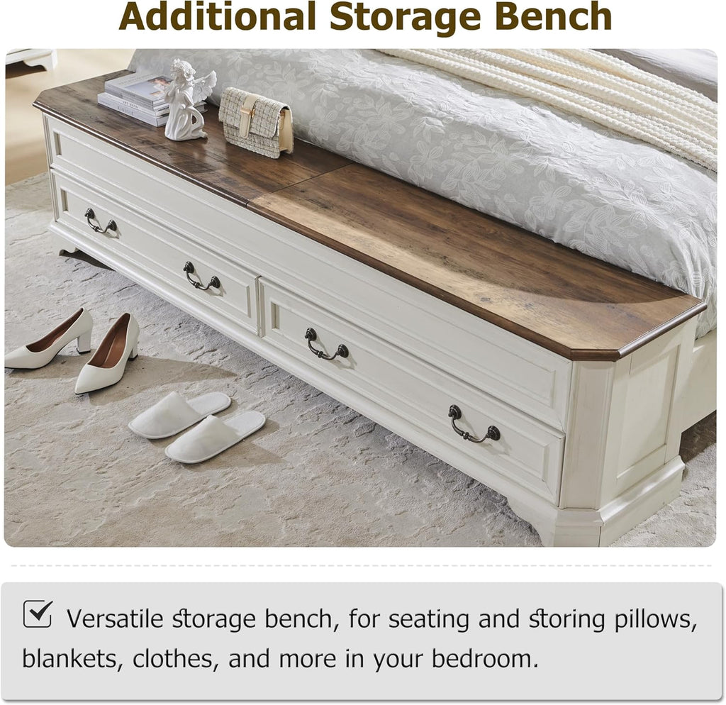 T4TREAM Farmhouse King Bed with Headboard and Storage Bench, Rustic Wood Platform Bed with 80" Storage Chest w/ 4 Large Drawer (Antique White)