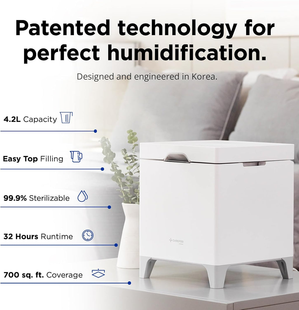 Carepod Cube Plus X50V Stainless Steel Humidifier - Easy to Clean, 3 Mist Level Settings, Auto-Humidity & Auto Shut-Off Feature, One Touch Built-in Sanitization, No Filters, Lasts 32Hrs (1.1Gal/4.2L)