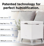 Carepod Cube Plus X50V Stainless Steel Humidifier - Easy to Clean, 3 Mist Level Settings, Auto-Humidity & Auto Shut-Off Feature, One Touch Built-in Sanitization, No Filters, Lasts 32Hrs (1.1Gal/4.2L)