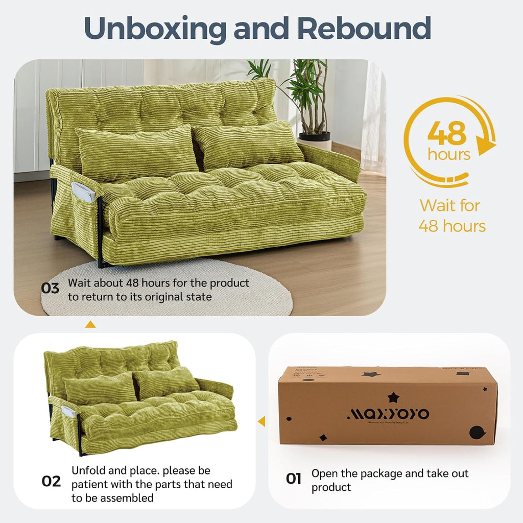 MAXYOYO Adjustable Floor Sofa Couch with 2 Pillows, Multi-Functional Bean Bag Bed, 5-Position Foldable Lazy Sofa Sleeper Bed with Armrest, Versatile Floor Seating for Reading, Green, Double