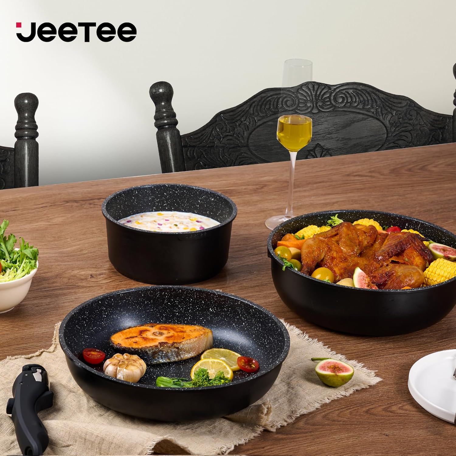 JEETEE Cookware Set (6 Essential Pots & 19 Accessories), Nonstick Pots and Pans with Detachable Handle for Induction Cooking, RV Kitchen Space Saving, PFAS Free, Black
