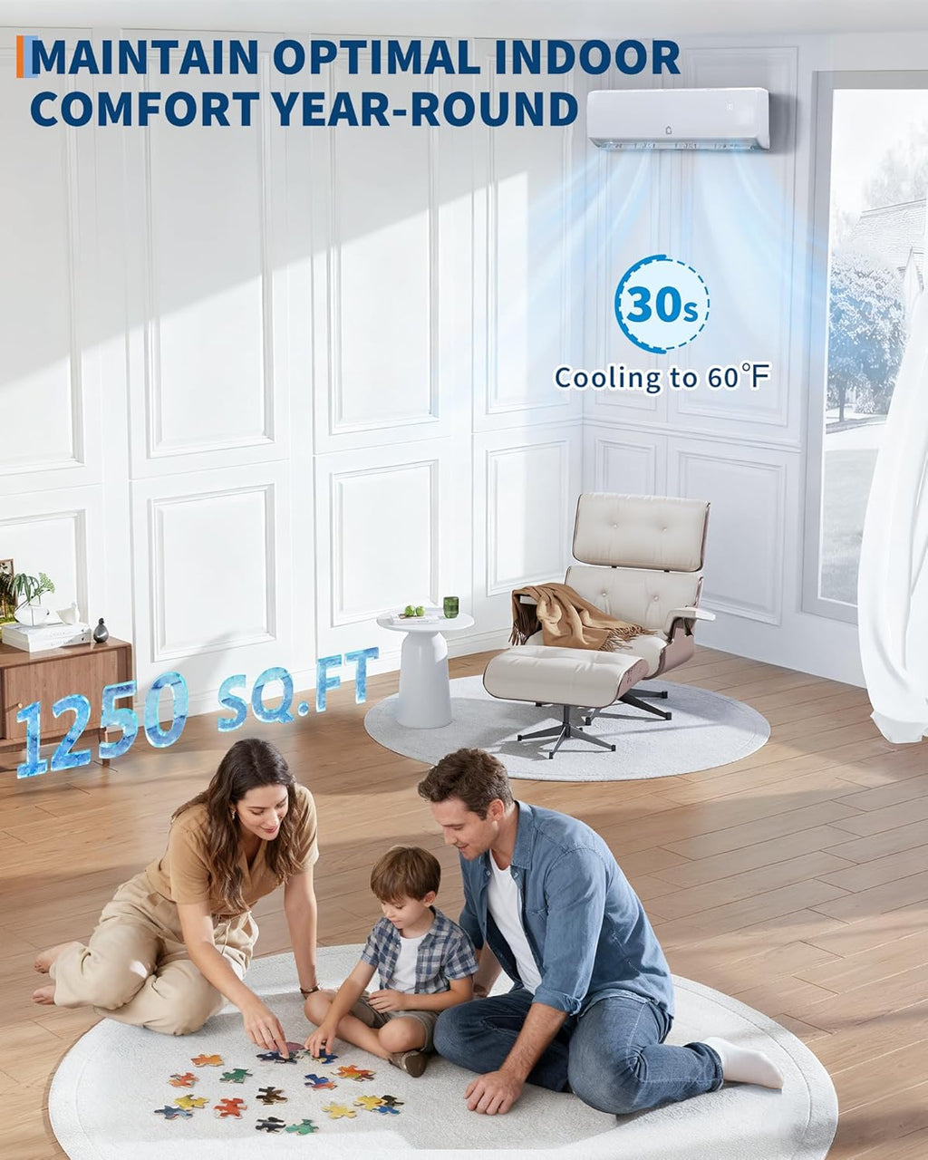Air Conditioner Split Unit, 12,000 BTU All-Seasonal AC, SEER2 19, 115V, Sleep Mode, Auto Shut-Off, Timer Function, Energy Star Certificated, for Room Up 750 sq ft