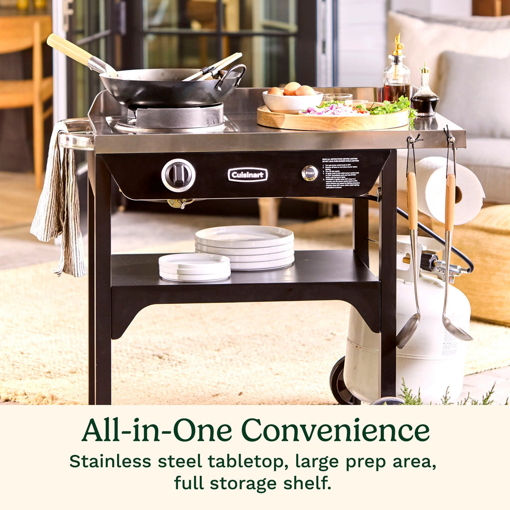 Cuisinart Outdoor Wok Station, 50,000 BTU Propane Outdoor Wok Burner w Prep Table, 14测 Carbon Steel Wok for Stir Fry, Searing, BBQ  Black