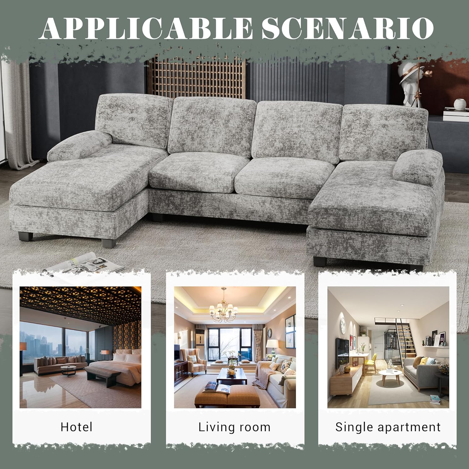 Furniwell Convertible Sectional Sofa Couch, 4 Seat Sofa Set for Living Room U-Shaped Modern Fabric Modular Sofa Sleeper with Double Chaise & Memory Foam (Fabric, Grey)