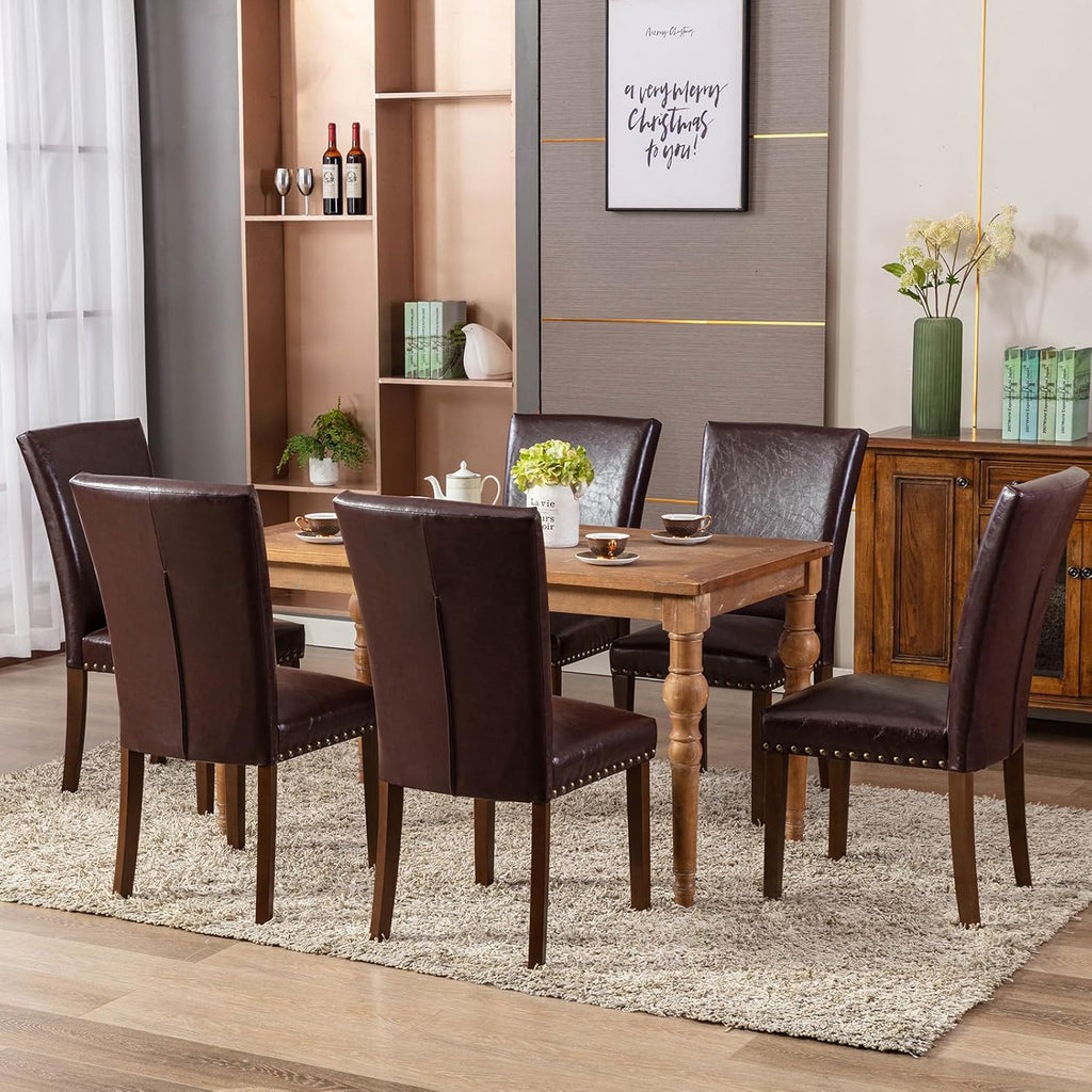COLAMY Upholstered Parsons Dining Chairs Set of 4, PU Leather Dining Room Kitchen Side Chair with Nailhead Trim and Wood Legs - Dark Brown