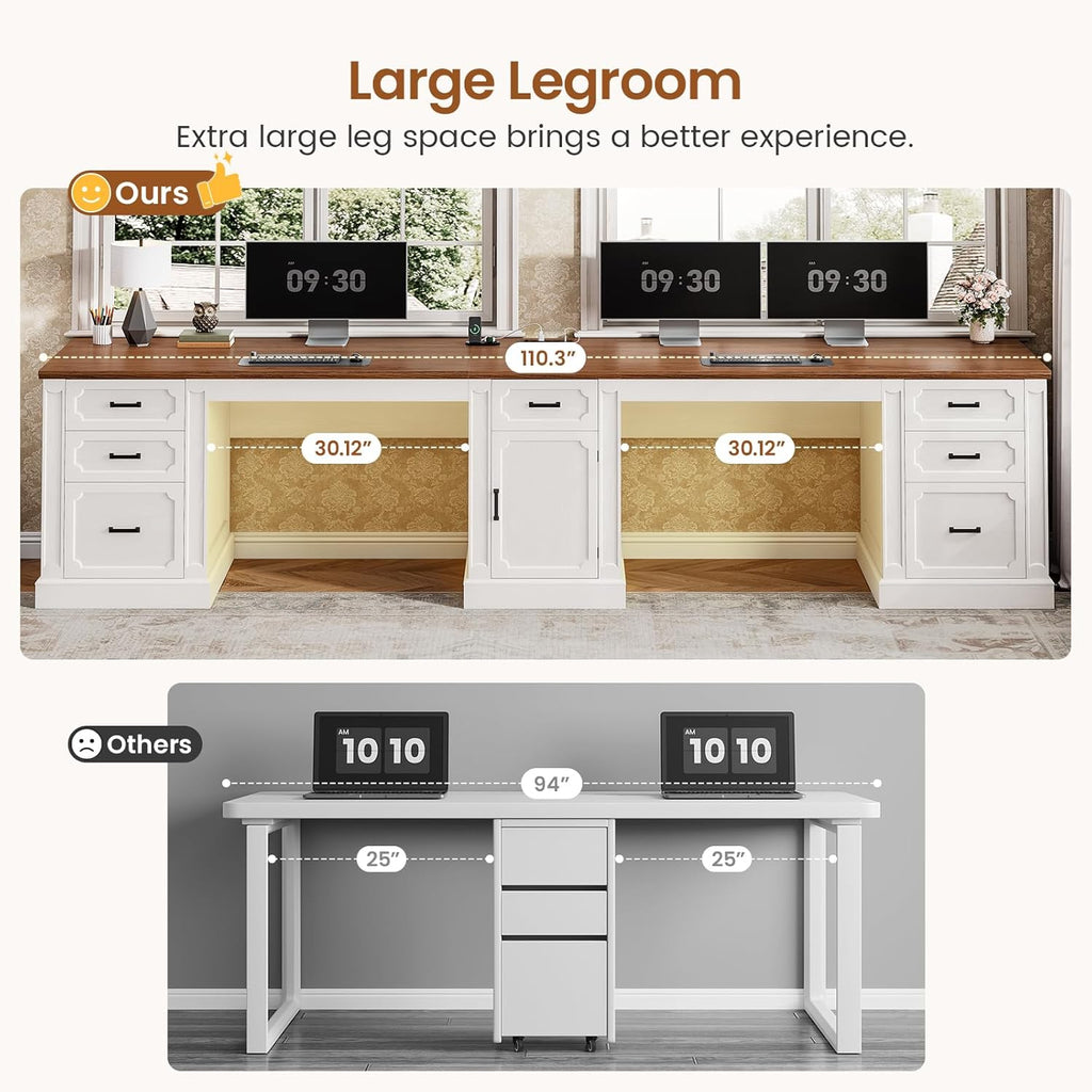 SEDETA Farmhouse 110.3" Two Person Desk with 7 Drawers, Long Computer Desk with Storage Cabinet, 2 Person Desk with Power Outlets for Home Office, White
