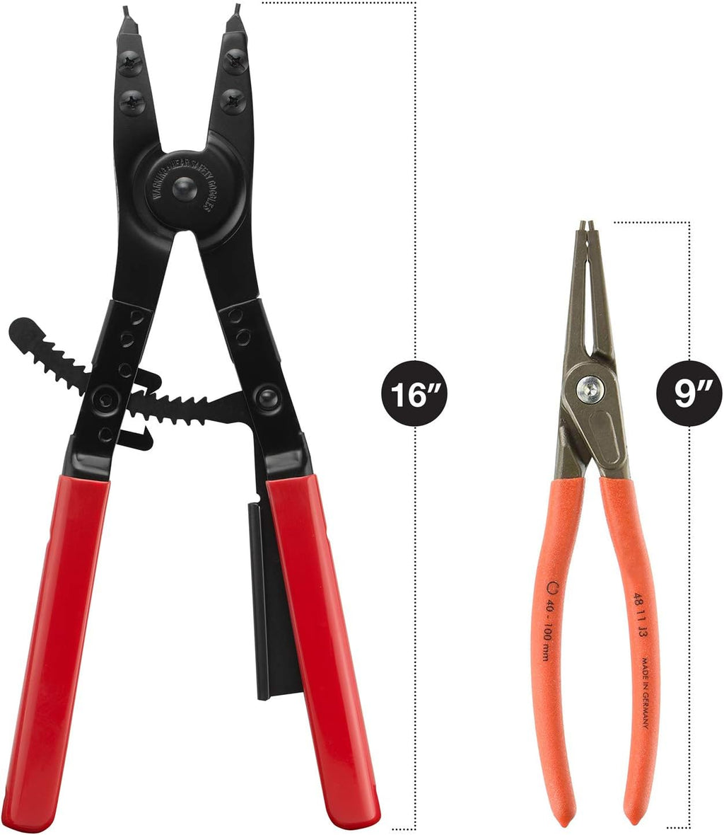 Neiko 02130A Heavy Duty 16" Snap Ring Plier Set, 2 Piece, External and Internal Pliers, Straight, 45°, 90° Tips