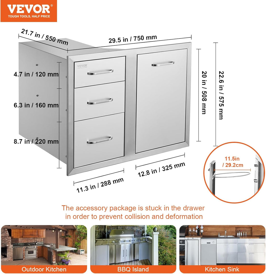 VEVOR Stainless Steel Cabinet  Outdoor Kitchen Door Drawer Combo 29.5" W x 22.6" H x 21.7" D  Access Door/Triple Drawers  Propane Drawer  Adjustable Garbage Ring  BBQ Island Patio Grill Station