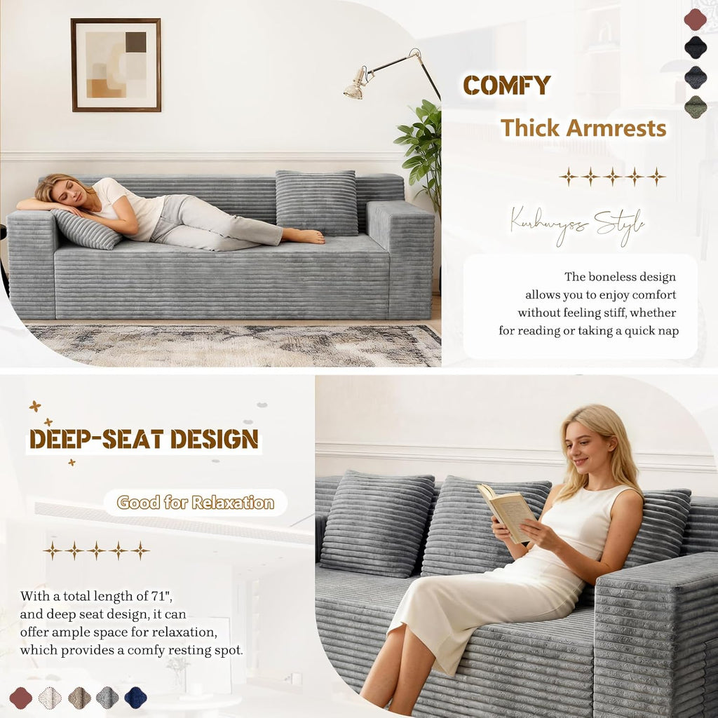 71" Corduroy Living Room Sofa, 3 Setaser Deep Seat Couch with 3 Lumbar Pillows, Comfy Boneless Sofa Modern Compressed Couch for Bedroom, Office, Apartment, No Assembly, Flat Armrests (Light Grey)