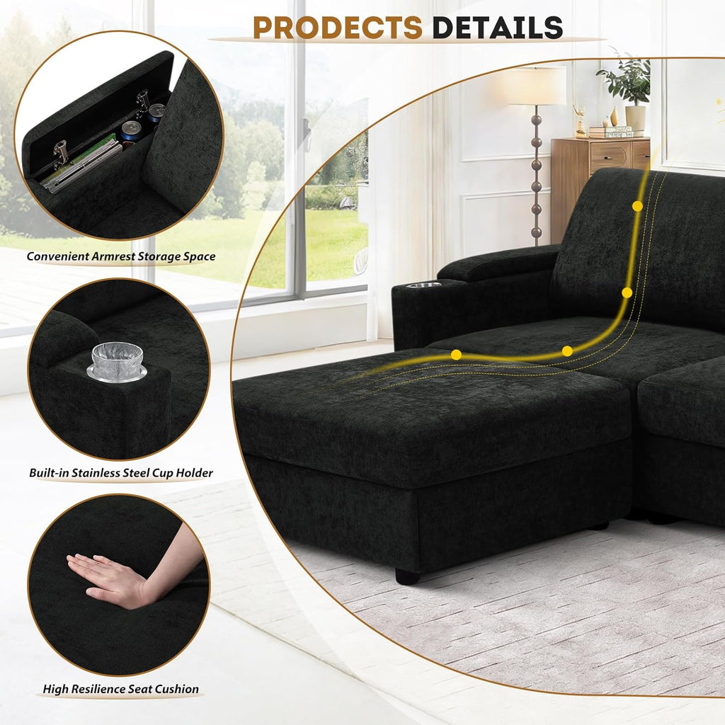 108'' Chenille Sectional Couch with Storage Armrests,L Shaped Upholstered Sofa with Movable Ottoman, 4-Seat Modular Couch with Cup Holders for Living Room, Black