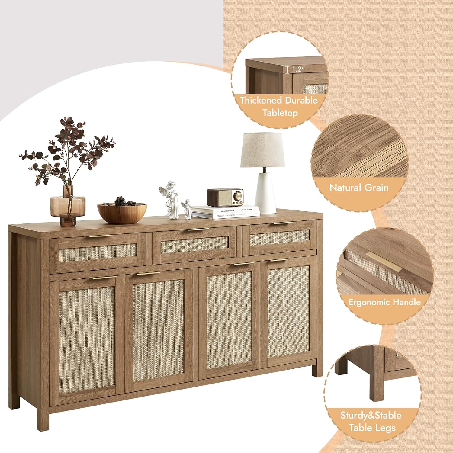 Rattan Sideboard Buffet Cabinet, Boho Storage Cabinet with Adjustable Shelves, Farmhouse Credenza Coffee Bar Cabinets with 4 Doors & 3 Drawers for Living Room, Hallway & Kitchen