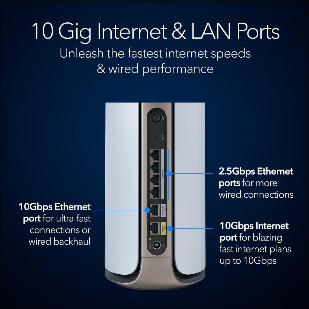 NETGEAR Orbi 970 Series Quad-Band WiFi 7 Mesh Network System (RBE973S)  Router + 2 Satellite Extenders  Security Features  Up to 27Gbps  Covers Up to 10 000 sq. ft.  200 Devices  10 Gig Internet Port