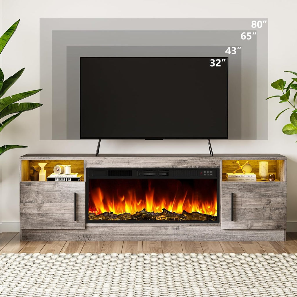 Tavata Fireplace TV Stand Entertainment Center with 36" Fireplace, 70" Wooden TV Console for TVs Up to 80", Modern TV Stands for Living Room with High Gloss Storage Cabinet and LED Lights (Grey)