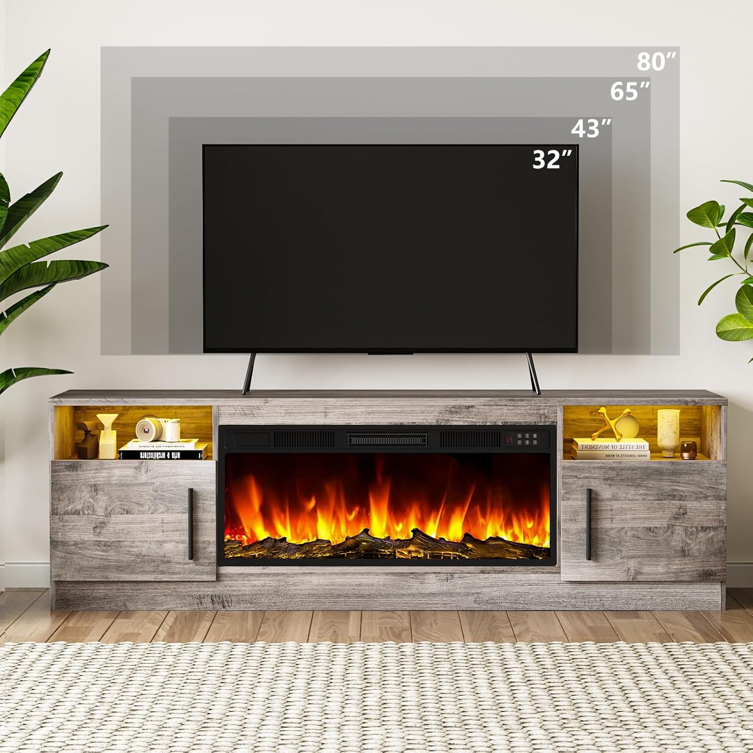 Tavata Fireplace TV Stand Entertainment Center with 36" Fireplace, 70" Wooden TV Console for TVs Up to 80", Modern TV Stands for Living Room with High Gloss Storage Cabinet and LED Lights (Grey)