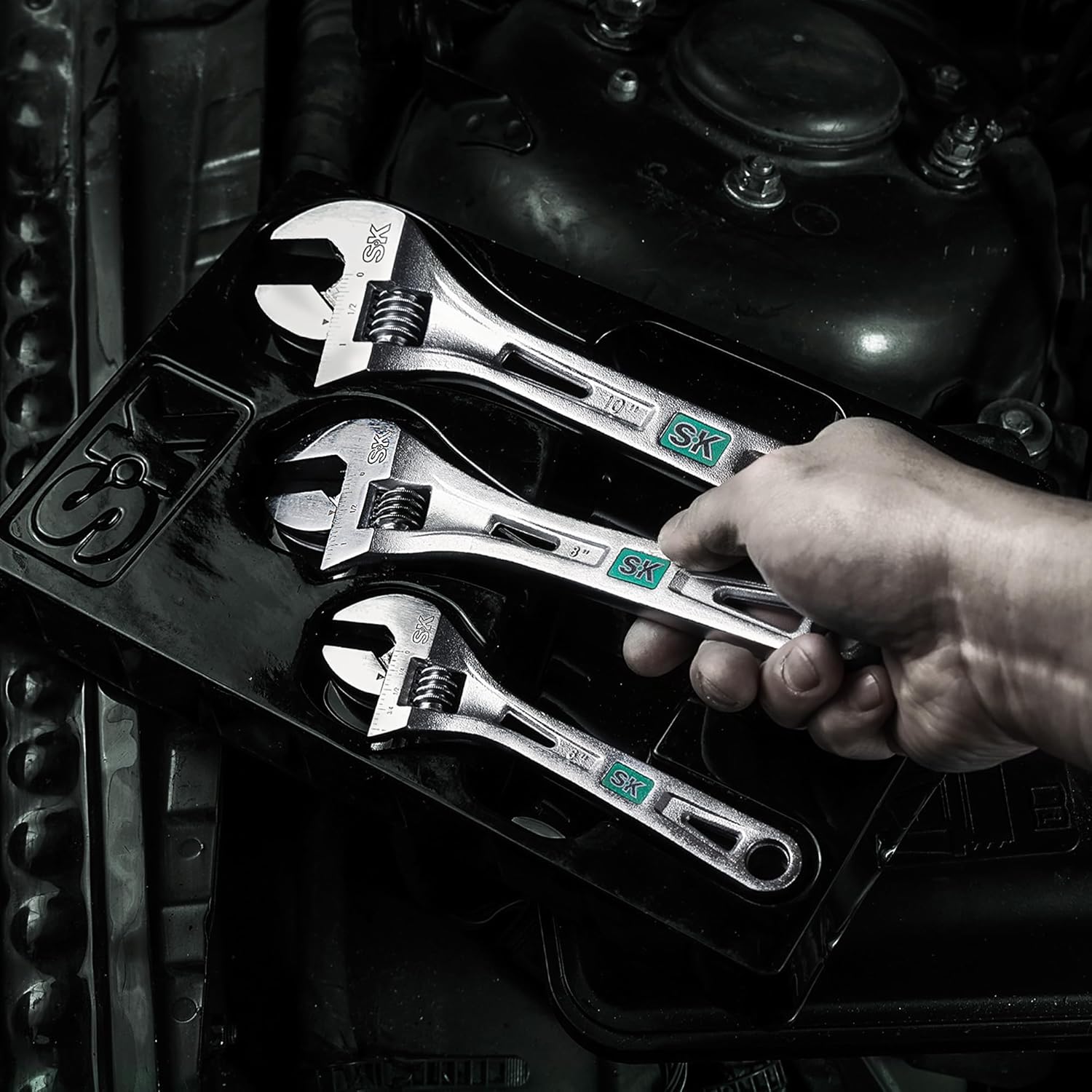 SK 3-Piece Adjustable Wrench Set, 6-Inch, 8-Inch, 10-Inch, Cr-V Steel, SAE & Metric Scales