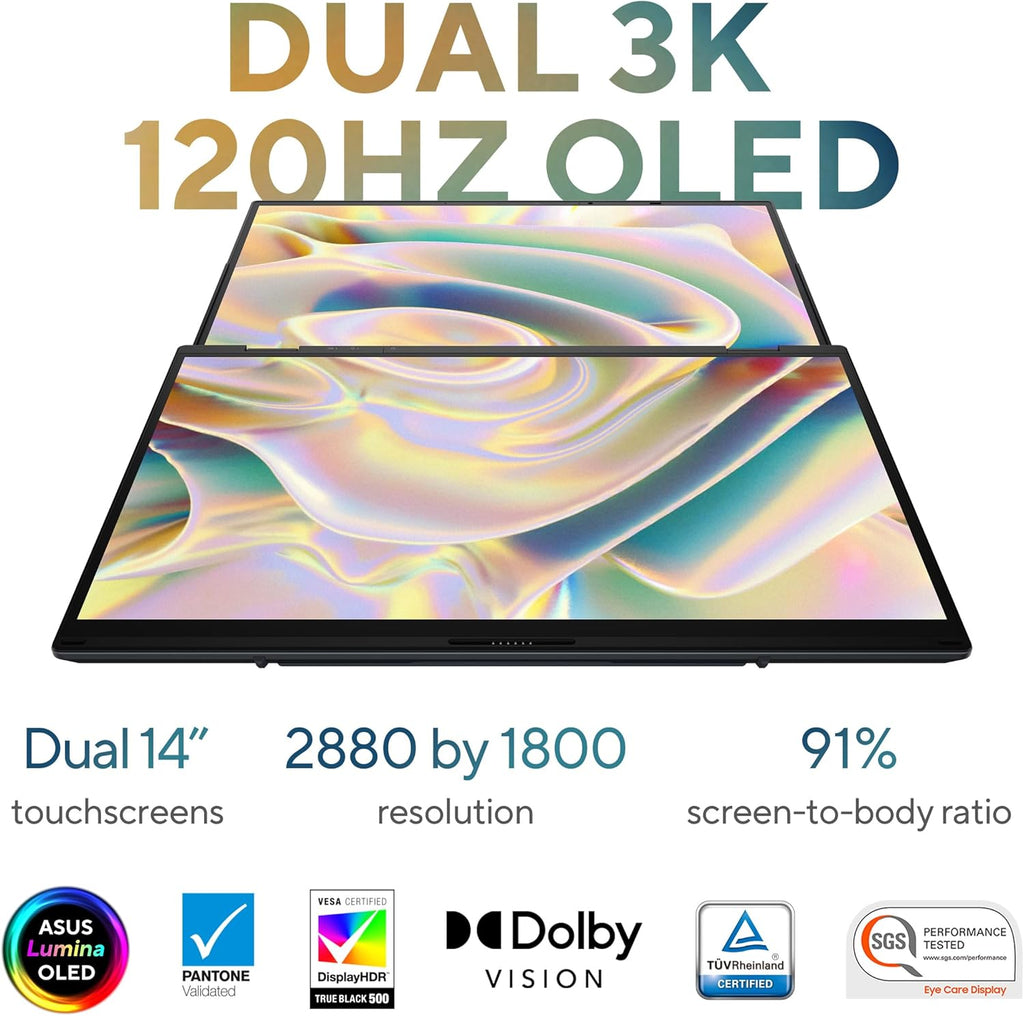 ASUS Zenbook Duo Laptop  Dual 14” OLED 3K 120Hz Touch Display  Evo  Intel Core Ultra 9 285H  Intel Arc Graphics  32GB RAM  1TB SSD  Windows 11  UX8406CA-PS99T