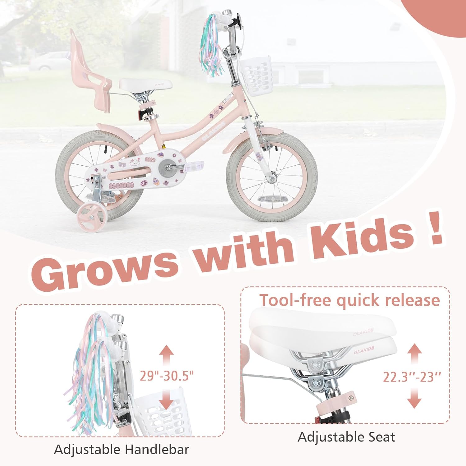 Olakids Kids Bike, 12 14 16 18 20 Inch Toddlers Bike with Doll Seat Basket Adjustable Seat and Handlebar, Handbrake and Coaster Brake, Children's Bicycle for Girls