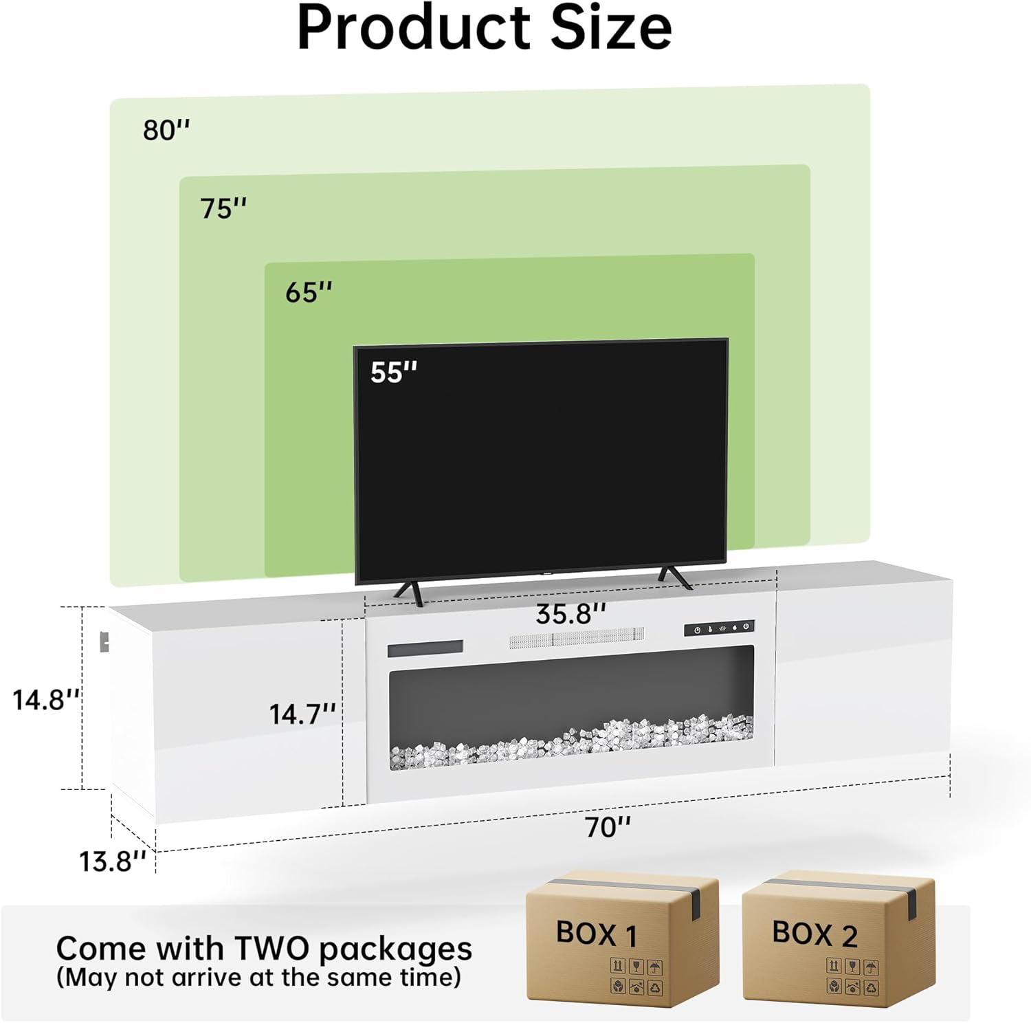 Real Relax 70" Floating TV Stand with 36" Electric Fireplace, Wall Mounted Entertainment Center with Storage, Remote Control, Modern LED Lights Fireplace TV Console for TVs Up to 80", All White