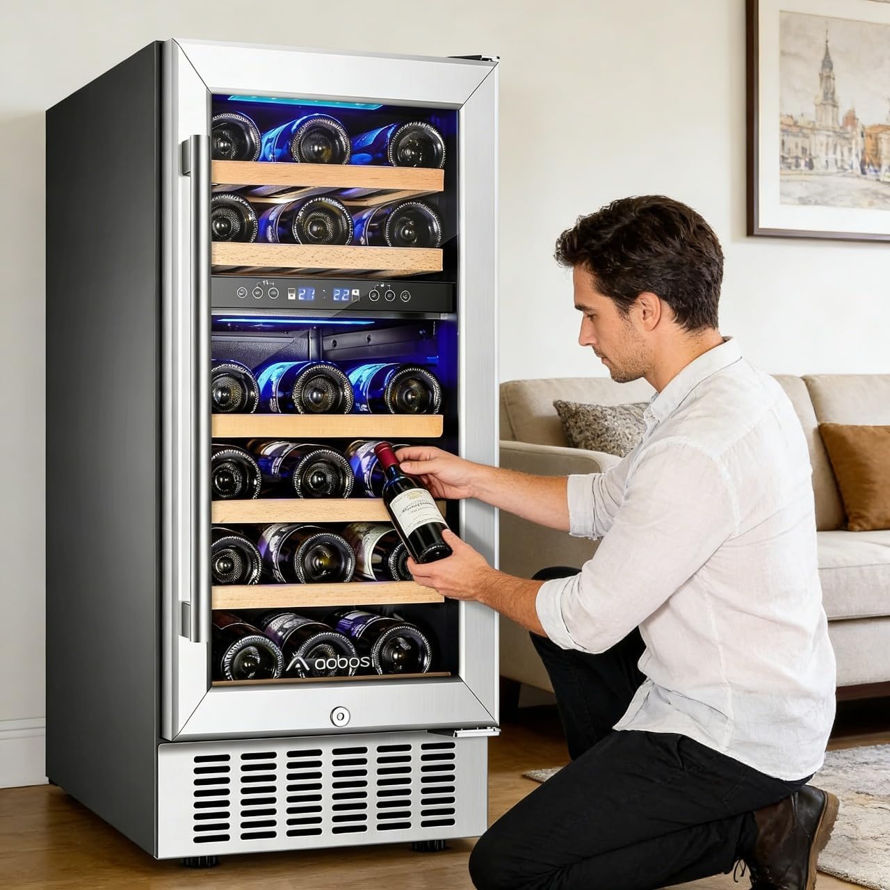 AAOBOSI 15 inch Dual Zone Wine Fridge, 28 Bottles Built-in or Freestanding Fridge,41-64°F Wine Cooler with Professional Compressor .Low Noise and No Fog