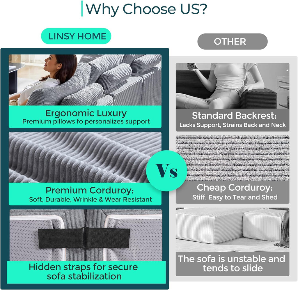 LINSY HOME Oversized Convertible Sofa Bed with 2 Pillows & Ottoman, Corduroy Boneless Couch Folding Modular Sleeper Sofa, L Shaped Couch Floor Sofa for Living Room Apartment, Upgrade Backrest (Grey)