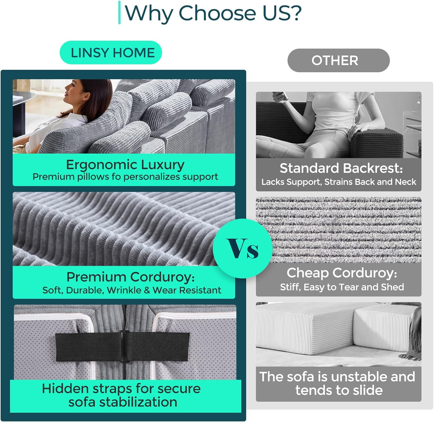 LINSY HOME Oversized Convertible Sofa Bed with 2 Pillows & Ottoman, Corduroy Boneless Couch Folding Modular Sleeper Sofa, L Shaped Couch Floor Sofa for Living Room Apartment, Upgrade Backrest (Grey)
