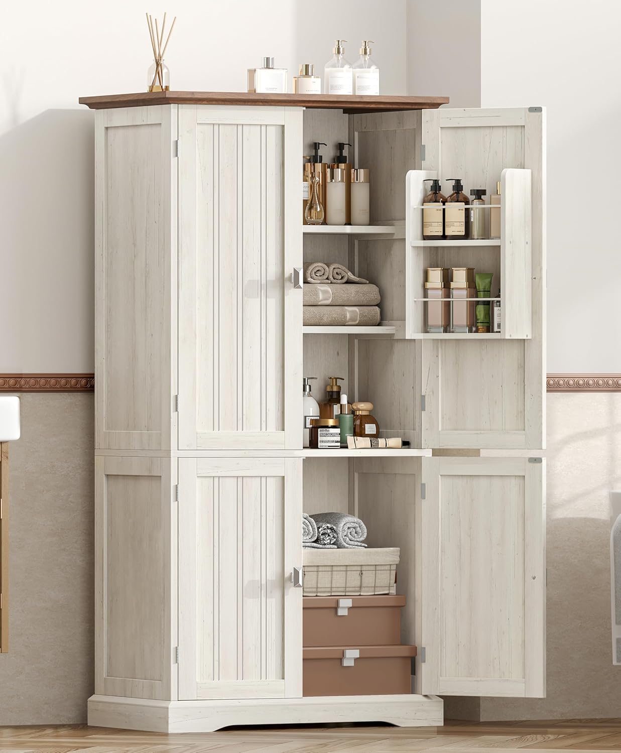 Akxomel 53.1" H Tall Bathroom Storage Cabinet with 4 Door Shelves, Farmhouse Kitchen Pantry Cabinet with 4 Doors, Linen Bathroom Floor Cabinet for Kitchen, Bathroom, Living Room, Rustic White