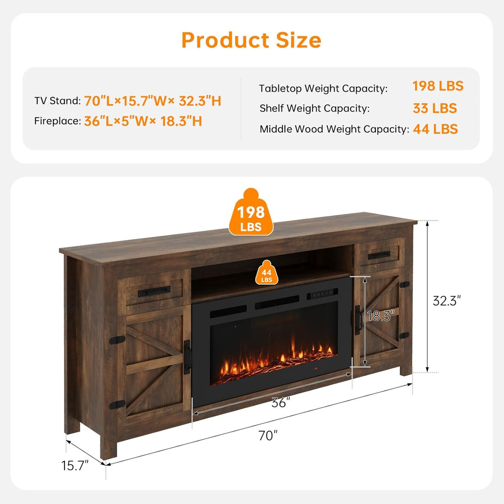 Fireplace TV Stand, 70" Farmhouse TV Stand with Barn Door for 80" TVs, Entertainment Center with Black Fireplace & Storage, Brown