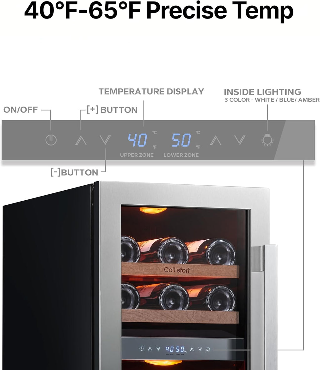 Ca'Lefort 15 Inch Wine Fridge & Cooler - Dual Zone 28 Bottles Wine Cooler with Glass Door, Small Wine Refrigerator with 3 LED Light Built-in for Home Bar Kitchen Left-Hinged Door (3.0 cu.ft)